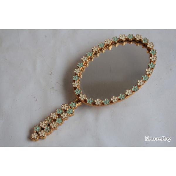 Miroir Face  main Fleurs mtal dor maill