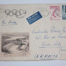 Enveloppe Finlande par avion timbres et vignette JO Helsinki 1952