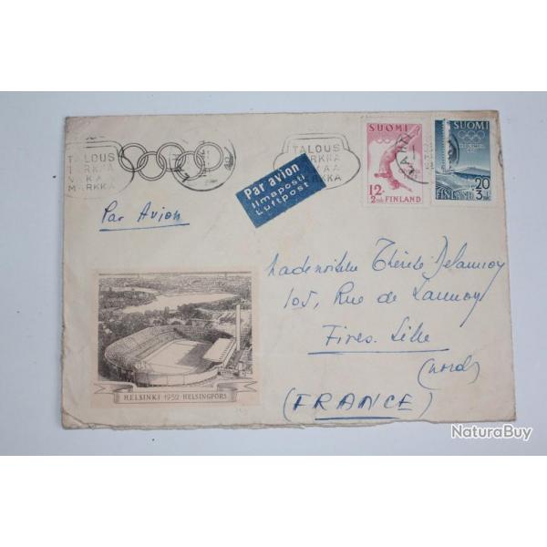 Enveloppe Finlande par avion timbres et vignette JO Helsinki 1952