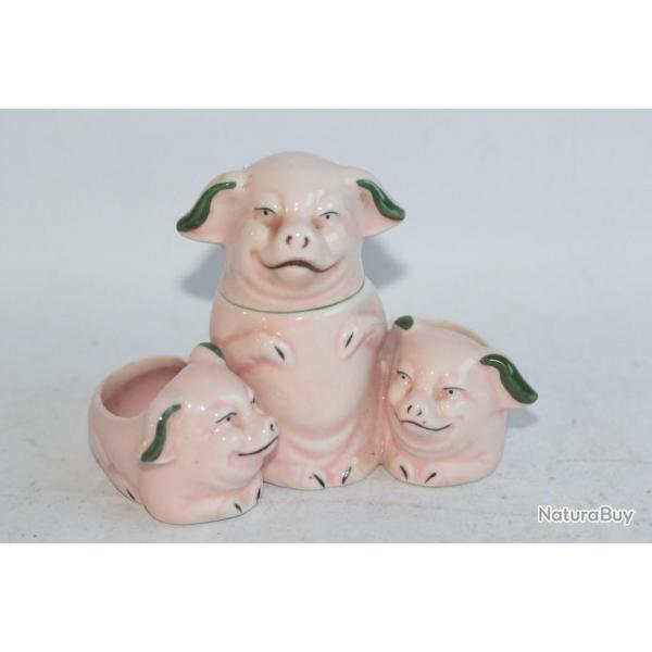 Service  condiments Cochons porcelaine moutardier