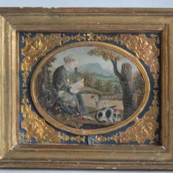 Tableau métal repoussé peint Bergère Chien Moutons