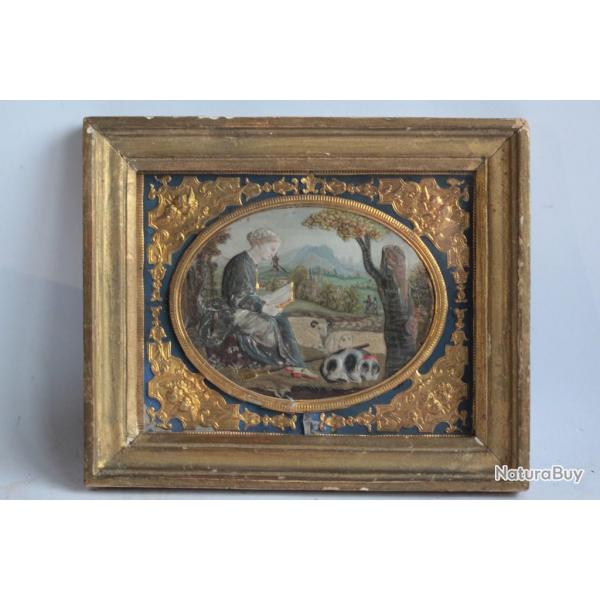 Tableau mtal repouss peint Bergre Chien Moutons