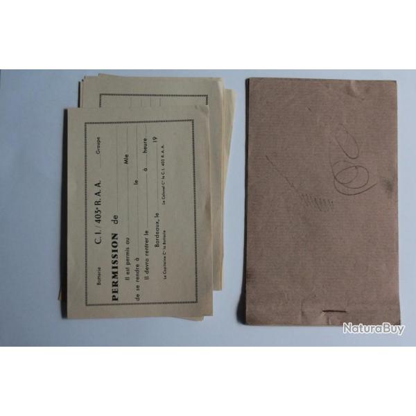 Lot de feuilles de permission du 403e et 405e rgiment du R.A.A