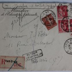 Enveloppe France ministère éducation nationale griffe recommandé 1935