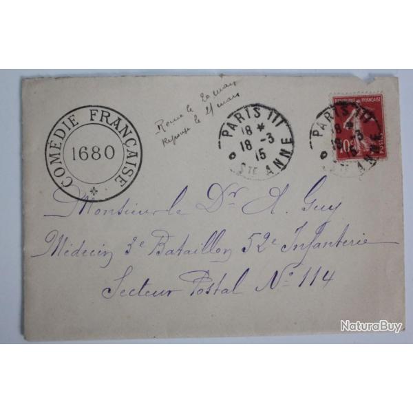 Enveloppe comdie franaise 1680 Paris 1915