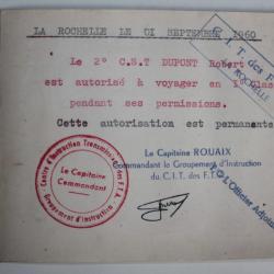 Carte de permission Centre d'instruction Transmission La Rochelle 1960