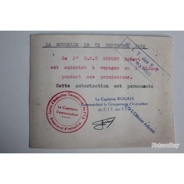 Carte de permission Centre d'instruction Transmission La Rochelle 1960