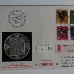 Enveloppe FDC Suisse Pro Juventute avec médaille en argent 1968 neuf