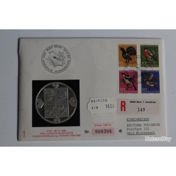 Enveloppe FDC Suisse Pro Juventute avec mdaille en argent 1968 neuf