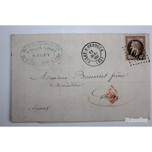 Pli marque postale France empire PD 30c tablissement de Cirey 1869