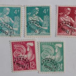 Timbres France pré-oblitéré coq et moissonneuse 1954