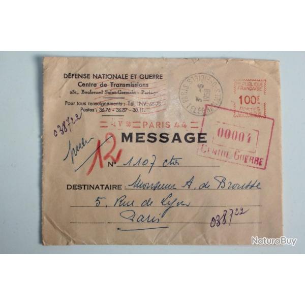 Enveloppe dfense nationale et guerre cachet centre de guerre 1958