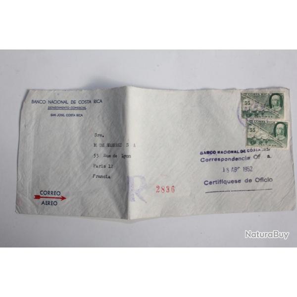 Enveloppe air mail Banco Costa Rica cachet Wishington pour Paris 1952
