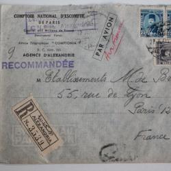 Enveloppe comptoir national d'escompte de Paris Alexandria Égypte 1949
