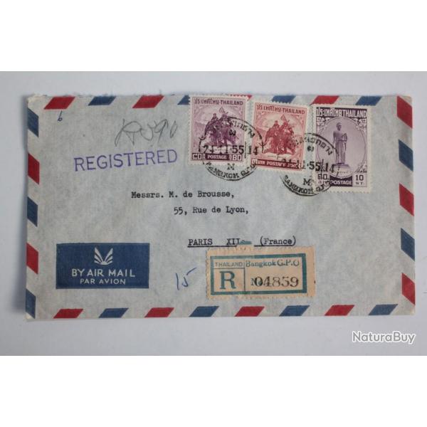 Enveloppe air mail timbre Thalande recommande Bangkok 1955