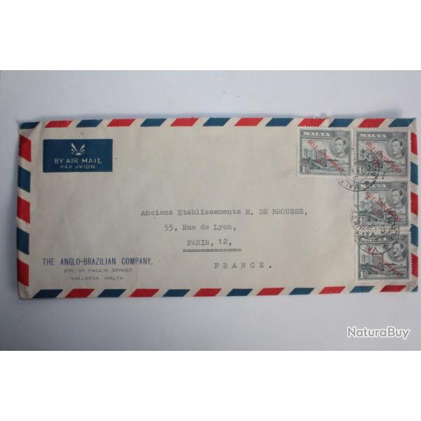 Enveloppe timbres Malte self government air mail 1947