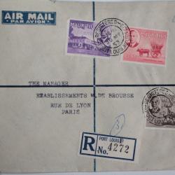 Enveloppe timbres Mauritius air mail recommandée 1953