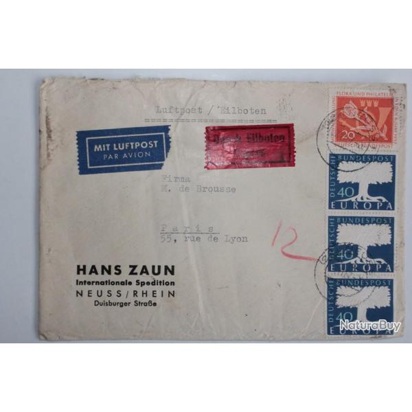 Enveloppe timbres Allemagne flora Europa par avion exprs 1957