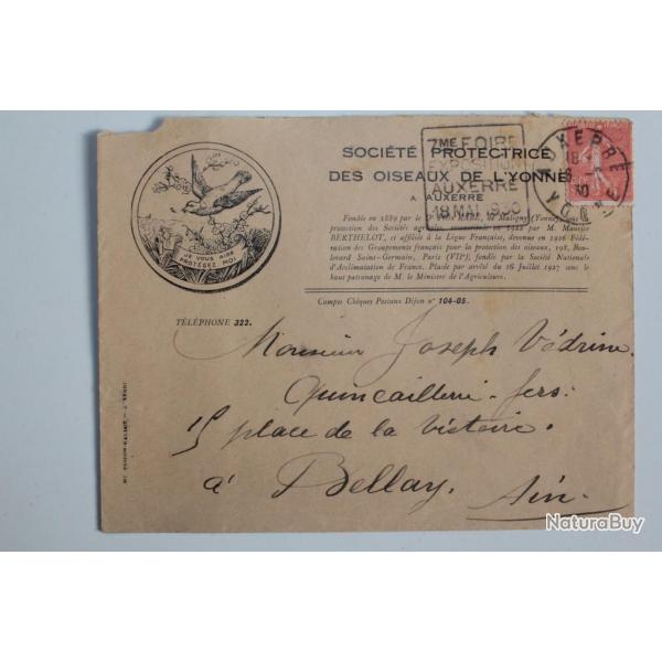 Enveloppe socit protectrice des oiseux flamme exposition Auxerre 1930