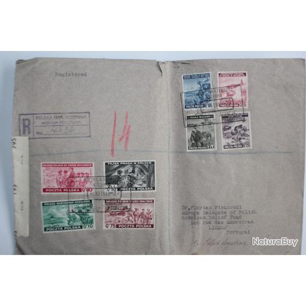 Timbres d'exil Pologne sur enveloppe pour Lisbonne 1943