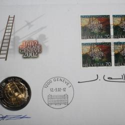 Timbre Suisse bloc x4 PJ avec pièce de monaie 5 Fr 2002