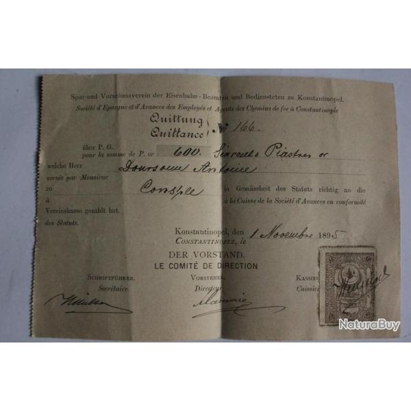 Timbre vingt paras sur document empire ottoman Constantinople 1895