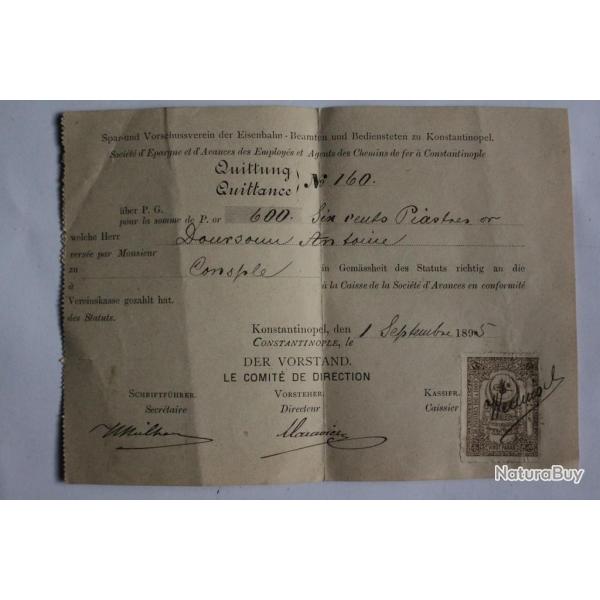 Timbre vingt paras sur document empire ottoman Constantinople 1895