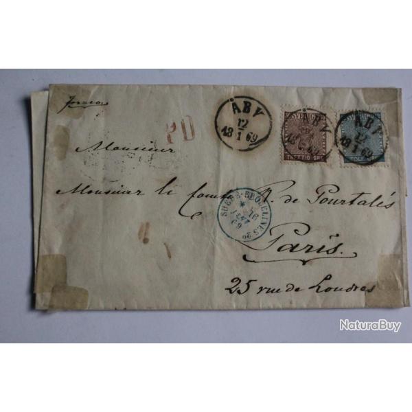 Pli marque postale Sude trettio et tolf ore 1869 cachet Erquelines