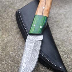Couteau Skinner Damas Epaisse Lame Acier 256 Couches Manche 2 Bois Etui Cuir Fabrication Artisanale
