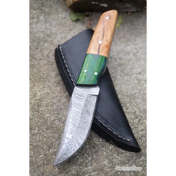 Couteau Skinner Damas Epaisse Lame Acier 256 Couches Manche 2 Bois Etui Cuir Fabrication Artisanale