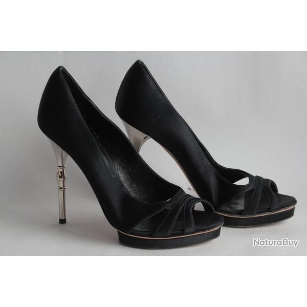 GUCCI Escarpins satin noir Talon bambou T36