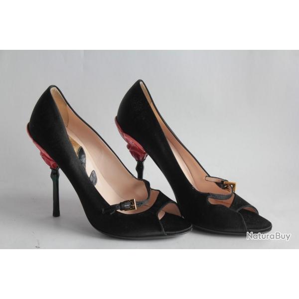 PRADA Escarpins Collection Fairy satin noir Talon Fleur T36