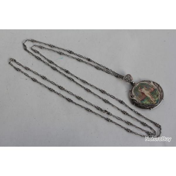 Pendentif Mdaillon argent maill Femme nue Art Nouveau Bijoux
