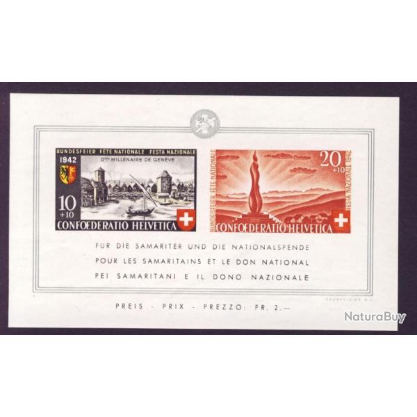 Bloc Timbres Suisse Fte Nationale II B19 1942 Neuf * avec charnire
