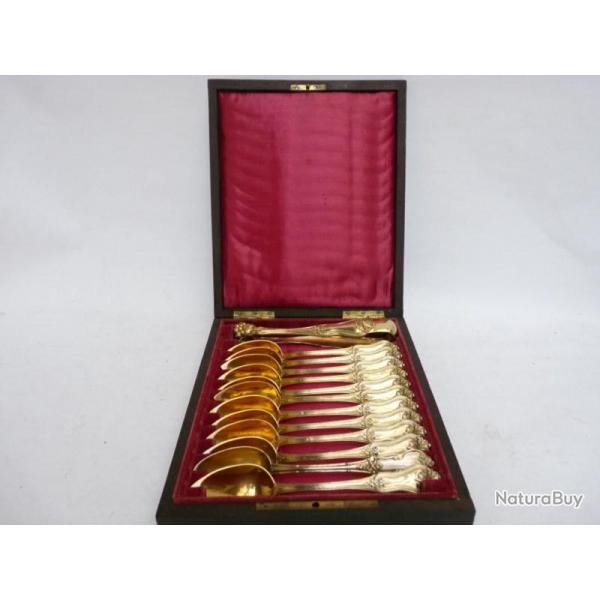 Coffret cuillres a th + pince a sucre argent Franais Napolon III