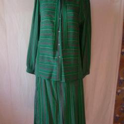 CARVEN Tailleur Chemisier + Jupe rayures vertes soie vintage mode femme