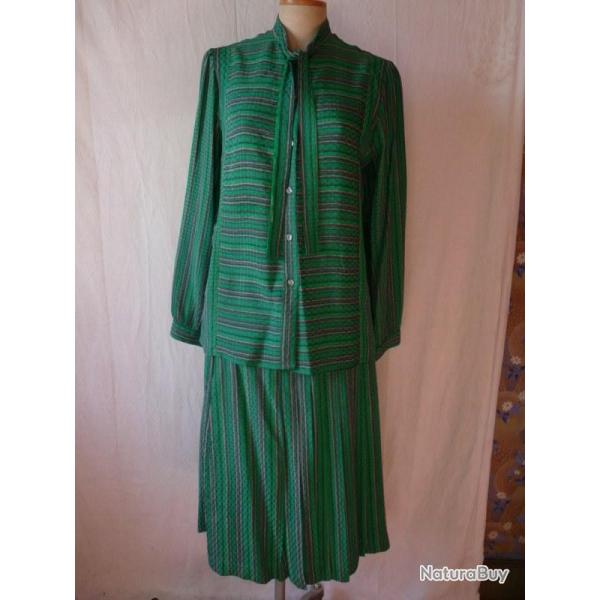 CARVEN Tailleur Chemisier + Jupe rayures vertes soie vintage mode femme