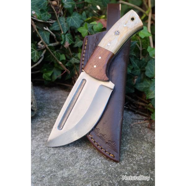 Couteau de Survie Style Medford Lame Acier Carbone 1055 Manche Bois Etui Cuir Fabricat Artisanale