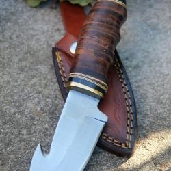 Couteau de Chasse Skinner Lame Fixe Guthook Carbone 1055 Manche Cuir Etui Cuir Fabric artisanale