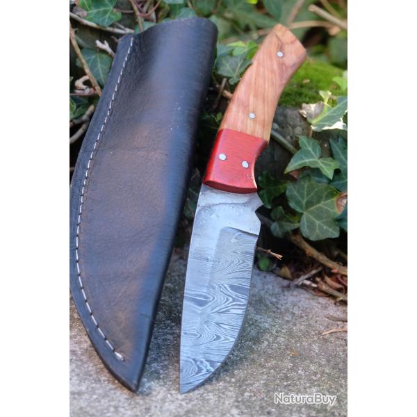 Couteau Skinner Damas Lame Drop Point Acier 256 Couches Manche 2 Bois Etui Cuir Fabric Artisanale