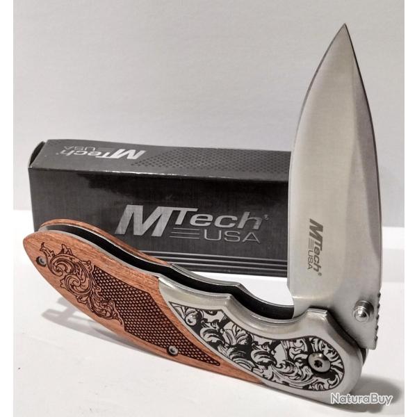 Couteau MTech A/O Linerlock Manche Bois Faon Crosse Marron Bolsters Acier Lame Satine Acier 3Cr13