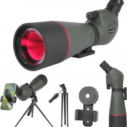Longue-vue 25-75x Zoom avec Adaptateur Téléphone, Trépied, Télescope Oculaire Incliné 45° Chasse