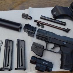Vends Pistolet Walther P22 + silencieux SD22  pack complet (mallette, optique, lampes, chargeurs...
