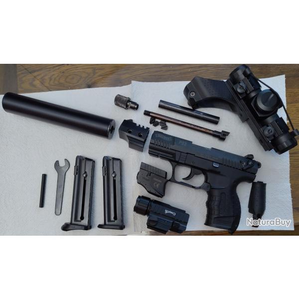 Vends Pistolet Walther P22 + silencieux SD22  pack complet (mallette, optique, lampes, chargeurs...