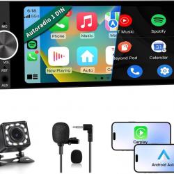 Autoradio 1 DIN avec Écran Tactile HD 6,36" : CarPlay & Android Auto sans Fil : Bluetooth 5.0 : FM :