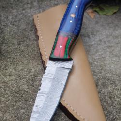 Couteau Skinner Damas Lame Trailing Point Acier 256 Couches Manche 2 Bois Etui Cuir Fabr Artisan 01