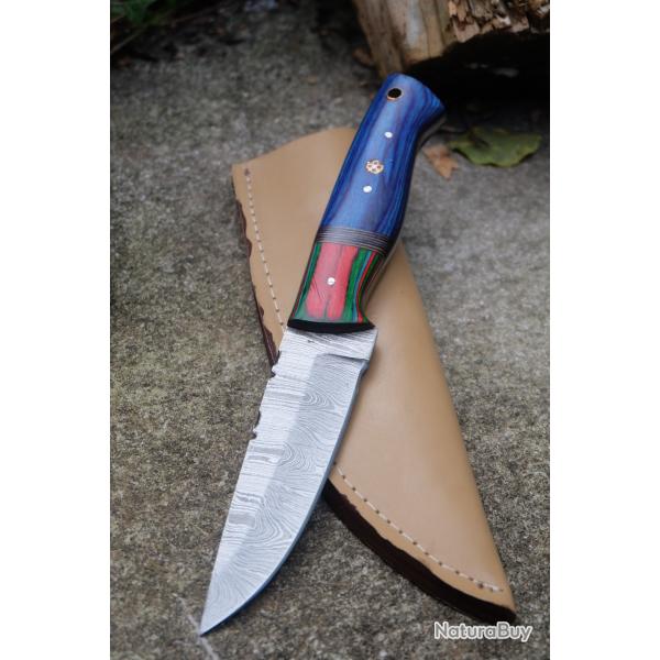 Couteau Skinner Damas Lame Trailing Point Acier 256 Couches Manche 2 Bois Etui Cuir Fabr Artisan 01