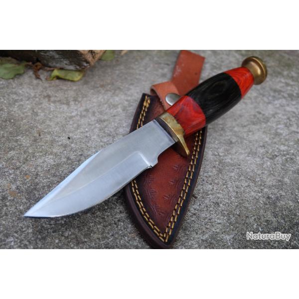 Poignard De Chasse Scout Lame Clip Point Acier Carbone 1055 Manche Bois Etui Cuir F Artisanale