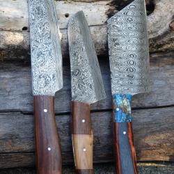 Lot de 3 Couteaux Cuisine Style Japonais Lame Acier Damas 256 Couches Manche Bois Fab Artisanale