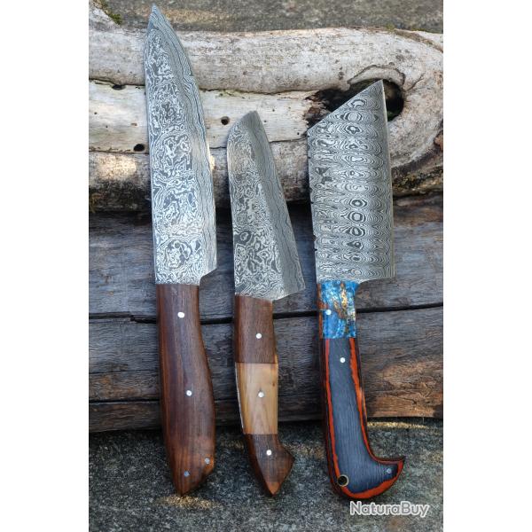 Lot de 3 Couteaux Cuisine Style Japonais Lame Acier Damas 256 Couches Manche Bois Fab Artisanale